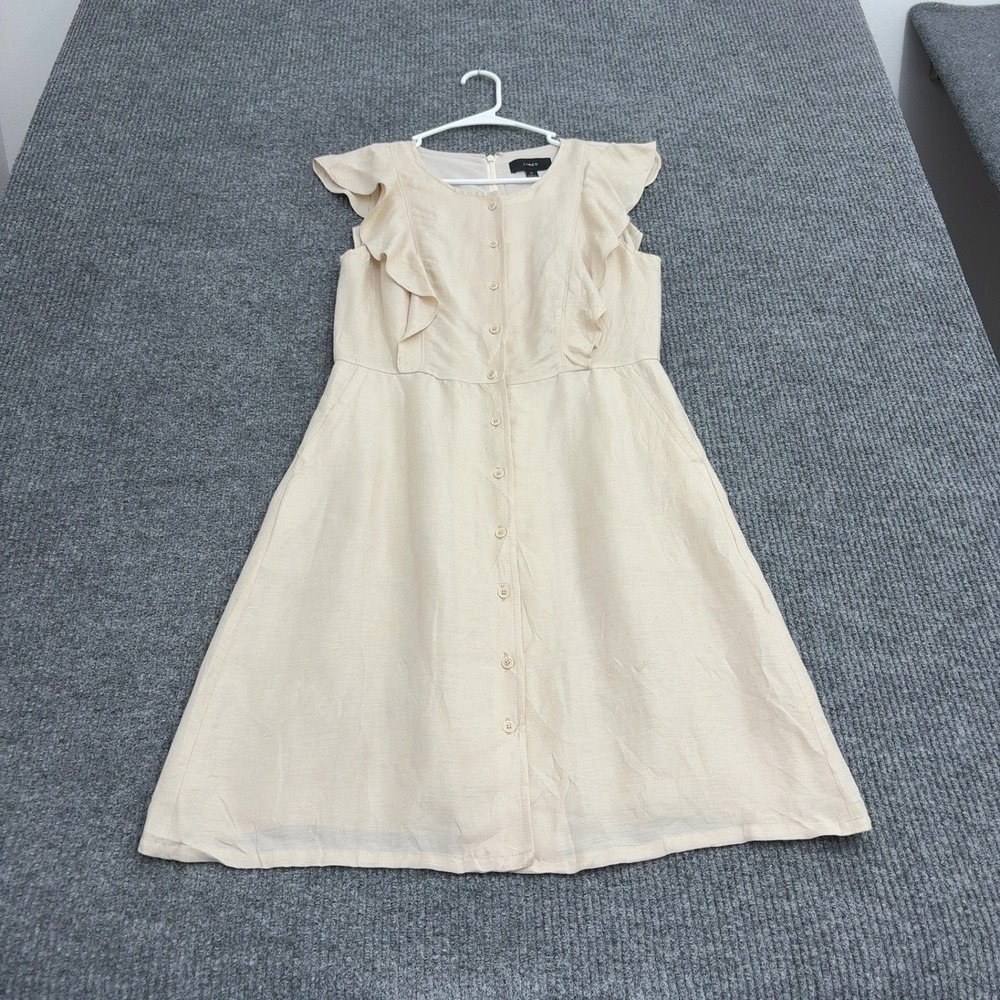 J Crew Dress Womens 6 Beige Linen Cupro Ruffle Button Front Cottagecore Casual